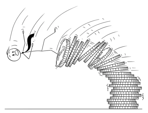 Dibujos animados del hombre o del hombre de negocios que cae de la pila de monedas — Vector de stock