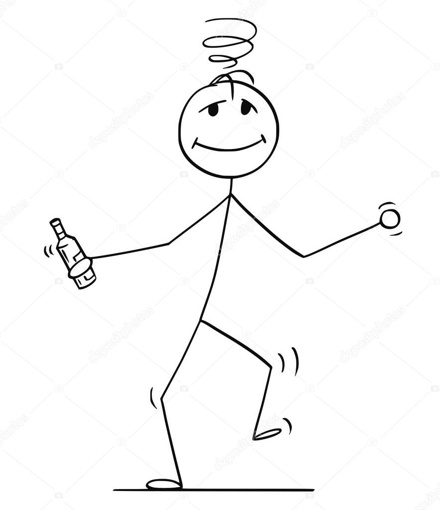 Cartoon of Drunk Man Walking or Dancing With Bottle