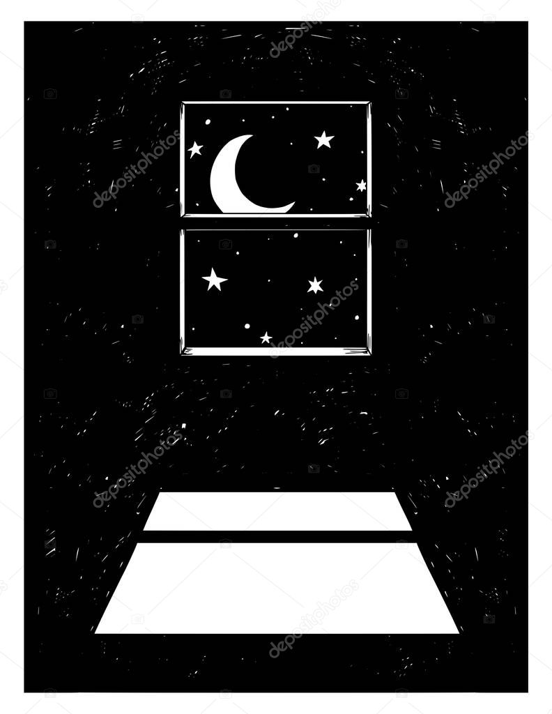 Cartoon of Crescent Horned Moon and Stars Shining Through Window in Night