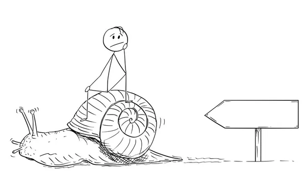 Caricatura del hombre frustrado o del hombre de negocios sentado en el caracol en movimiento lento — Vector de stock