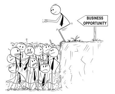 Karikatür işadamı bakmanın iş fırsatı için hazır birşey sığ su doymuş veya doygun Pazar atlamak için