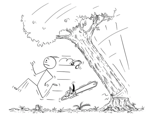 Caricature du bûcheron fuyant un arbre tombant — Image vectorielle