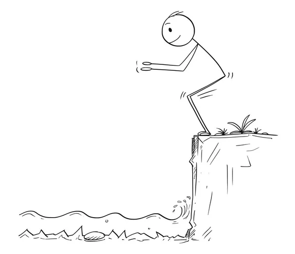 Мультфильм о человеке или бизнесмене, который готов прыгнуть в неизвестную воду — стоковый вектор