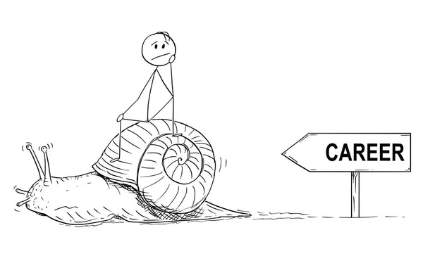 Caricatura del hombre frustrado o del hombre de negocios sentado en el caracol en movimiento lento y esperando el progreso y el éxito de la carrera — Vector de stock