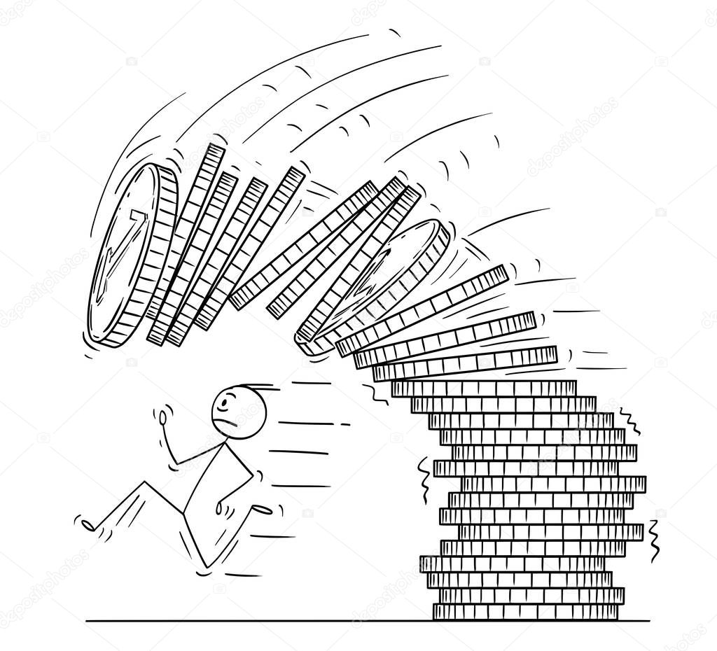 Cartoon of Man or Businessman Running Away From Falling Pile or Stack of Coins