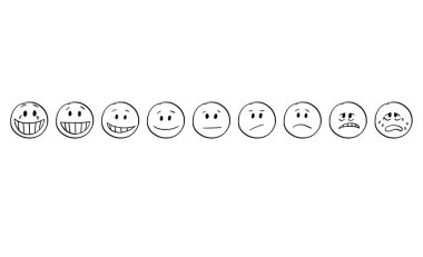 Duygular neşesi gösterilen üzüntü, gülümseyen ve üzgün Smiley dizi karikatür yüzler