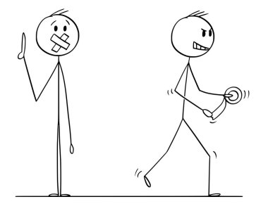 Adam ya da iş adamı ve onun ağız bandı tarafından bantlanmış başka bir adam konuşma çizgi film