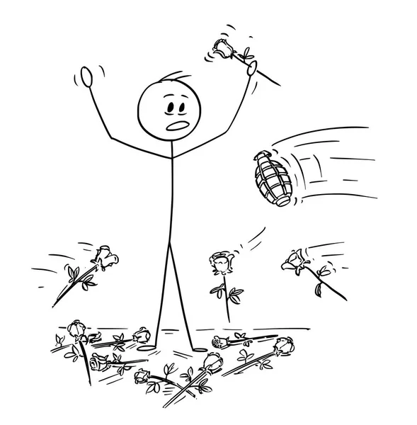 Γελοιογραφία του ανθρώπου σχετικά με το στάδιο που δέχεται επίθεση από χέρι χειροβομβίδα από το κοινό κατά τη διάρκεια στέκεται επευφημίες — Διανυσματικό Αρχείο