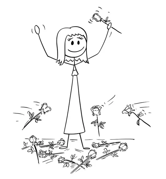 Karikatur einer Frau auf der Bühne, der Standing Ovations und Blumen aus dem Publikum zugeworfen werden — Stockvektor