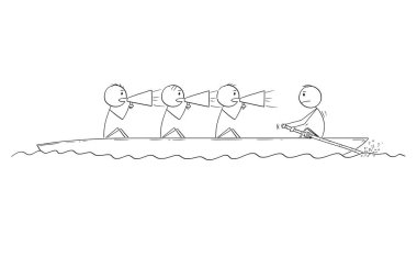 Karikatür işadamları gemide, bir adam ve dört adam kürekçi ve üç adam Coxswains.