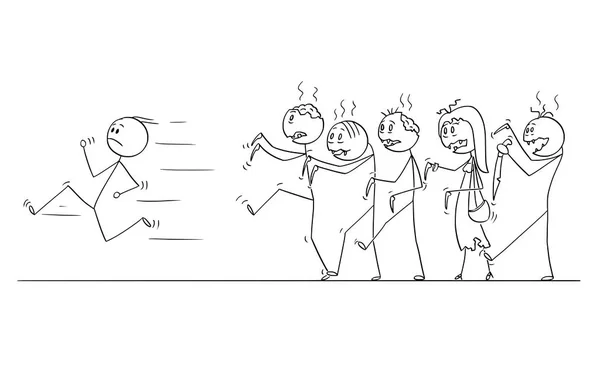 Cartoon of Man Running Away From Crowd of Undead Zombies (dalam bahasa Inggris). - Stok Vektor