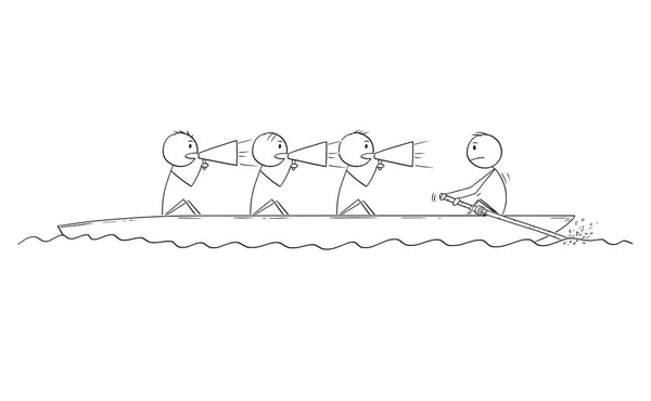 Γελοιογραφία από τέσσερις άνδρες ή επιχειρηματίες σε βάρκα, ένας άνθρωπος είναι κωπηλάτης και τρεις άνδρες κακοπαθοῦντα. — Διανυσματικό Αρχείο
