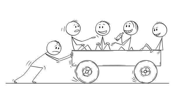 Dibujos animados de cuatro hombres o hombres de negocios disfrutando de montar en el carro empujado por un hombre — Archivo Imágenes Vectoriales