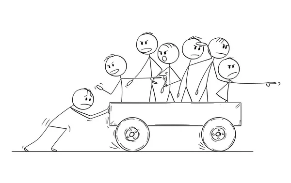Caricature d'un groupe ou d'une équipe d'hommes ou d'hommes d'affaires chevauchant un chariot poussé par un seul homme et se plaignant de vitesse — Image vectorielle