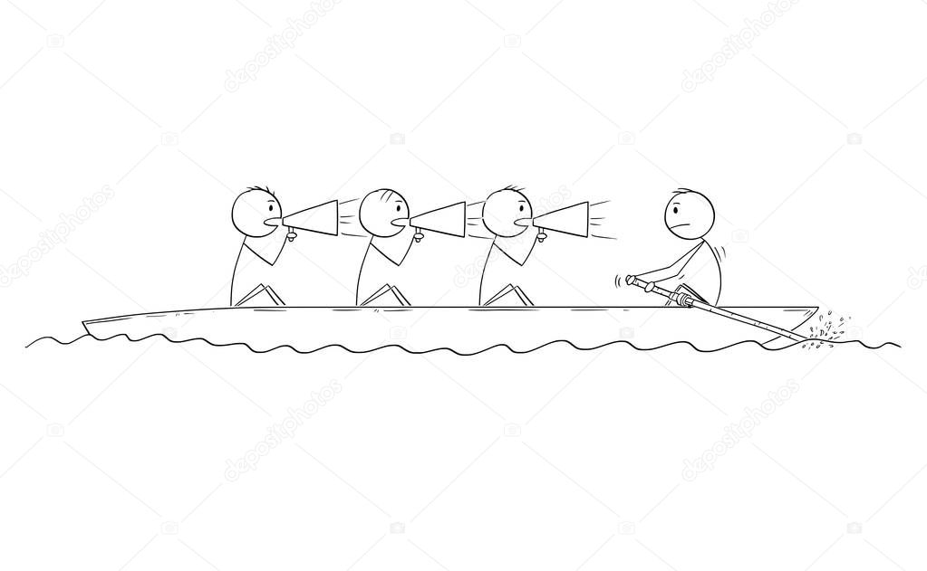 Cartoon of Four Men or Businessmen on Boat, One Man is Rower and Three Men are Coxswains.