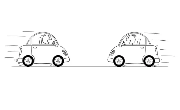 Desenho de desenhos animados od Dois carros dirigindo uns contra os outros apenas momentos antes de colisão Head-on acidente acidente — Vetor de Stock