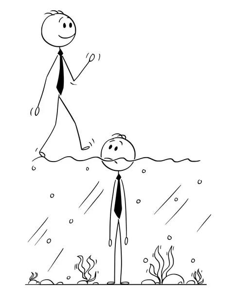 Caricatura del hombre de negocios de pie con agua por encima de su barbilla, el hombre más exitoso está caminando en la superficie — Vector de stock