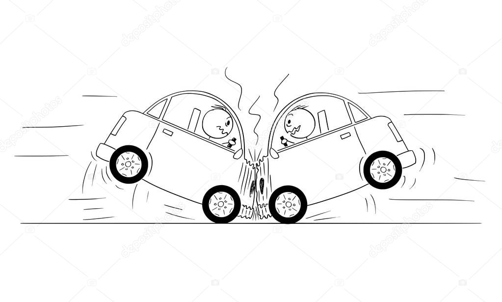 Cartoon Drawing of Two Cars Crash Accident