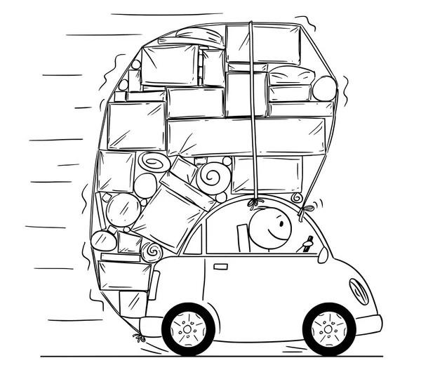 Dessin animé d'un wagon surchargé de boîtes et d'autres objets — Image vectorielle