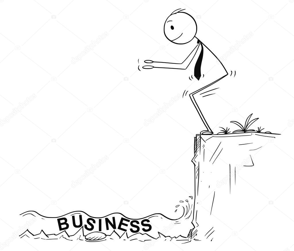 Cartoon of Businessman Ready to Jump in Unknown Shallow Water of Business