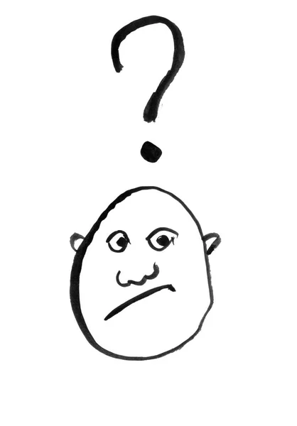 Schwarze Tusche Handzeichnung des Kopf des Menschen Denken mit Fragezeichen oben — Stockfoto