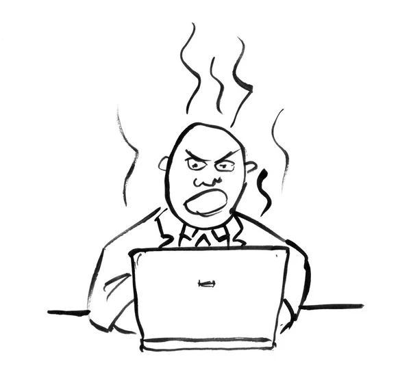 Black Ink Hand Drawing of Angry Businessman Working on Computer — Stock Photo, Image