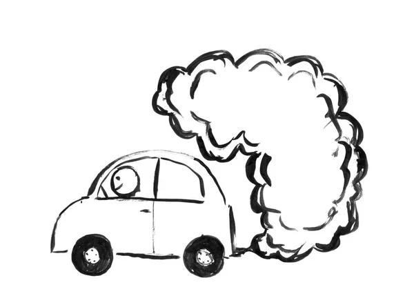 Black Ink Hand Drawing of Car Producing Air Pollution — Stock Photo, Image