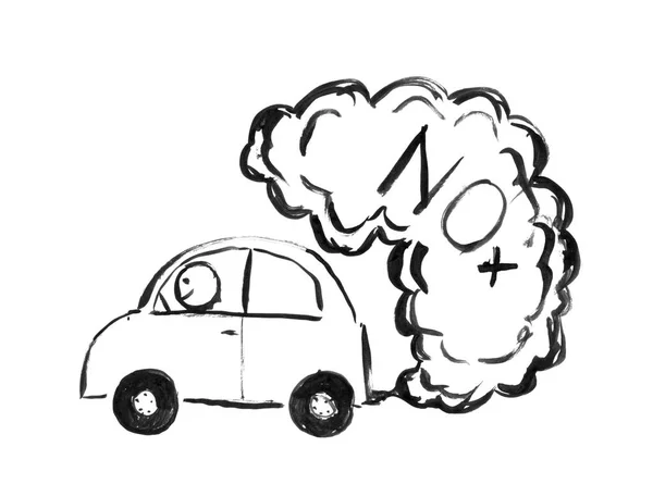 Black Ink Hand Drawing of Car Producing NOx Air Pollution — Stock Photo, Image