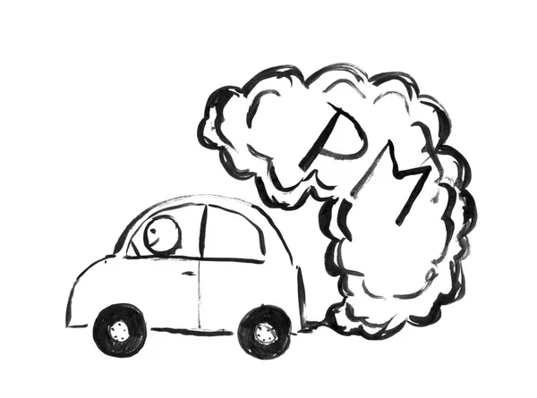 Siyah mürekkep Pm hava kirliliği üreten araba çizim el — Stok fotoğraf