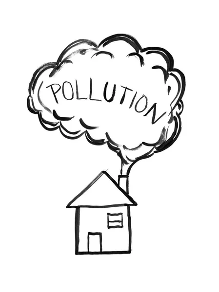 Dibujo de mano de tinta negra de humo procedente de la chimenea de la casa, concepto de contaminación del aire —  Fotos de Stock