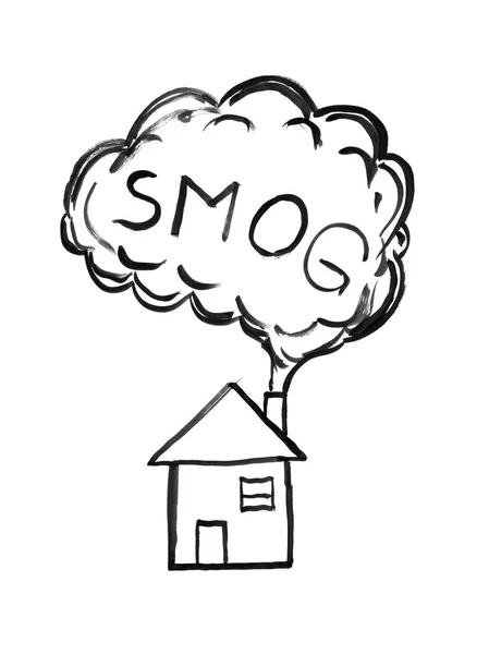 Siyah Mürekkep el geliyor evin bacasından duman çizim, Smog hava kirliliği kavramı — Stok fotoğraf