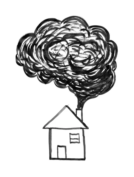 Dessin à la main à l'encre noire de fumée provenant de la cheminée de la maison, concept de pollution atmosphérique — Photo