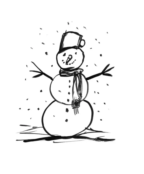 Desenho de mão de tinta preta de boneco de neve de inverno — Fotografia de Stock