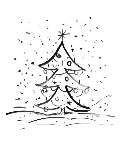Μαύρη μελάνη χέρι σχέδιο του χριστουγεννιάτικο δέντρο που στέκεται εξωτερική — Φωτογραφία Αρχείου