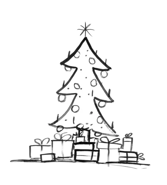 Μαύρο μελάνι σχέδιο του στολισμένο χριστουγεννιάτικο δέντρο και κουτιά δώρου γύρω από το χέρι — Φωτογραφία Αρχείου