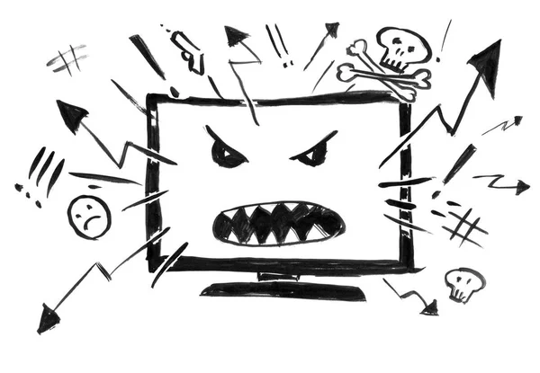 Schwarze Tinte Grunge Handzeichnung von Cartoon-Fernsehen oder Internet, die nur Gewalt und Hass zeigt — Stockfoto