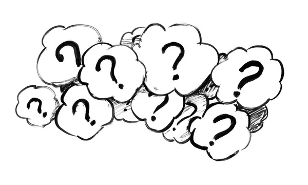 Fekete tinta Grunge kéz beszéd buborékok a kérdőjelek rajz — Stock Fotó