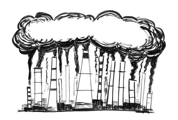 Tinta preta Grunge Hand Drawing of Smoking Smokestacks, Concept of Industry or Factory — Fotografia de Stock