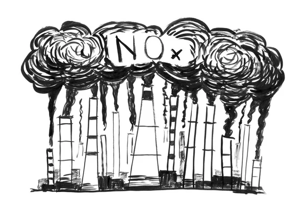 Desenho preto da mão do grunge da tinta de fumar Smokestacks, conceito da indústria ou da fábrica poluição do ar de NOx — Fotografia de Stock