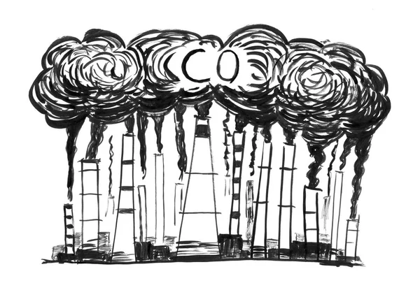 Tinta preta Grunge Hand Drawing of Smoking Smokestacks, Concept of Industry or Factory CO — Fotografia de Stock