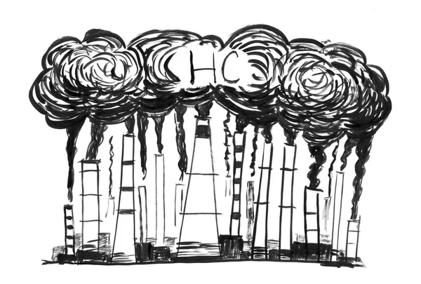 黒のインク グランジ喫煙煙突、産業または工場 Hc 大気汚染の概念の手書き — ストック写真