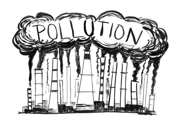 Black Ink Grunge Hand Drawing of Smoking Smokestacks, Concept of Industry or Factory Air Pollution