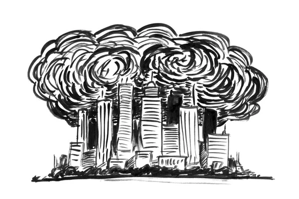 Černá inkoustová Grunge Ruční kresba města Smog a znečištění ovzduší — Stock fotografie