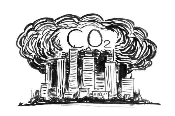 Černá inkoustová Grunge Ruční kresba města Smog a znečištění ovzduší Co2 — Stock fotografie