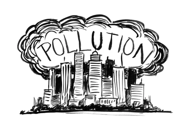 Dibujo de mano de grunge de tinta negra de la ciudad cubierto por el smog y la contaminación del aire — Foto de Stock