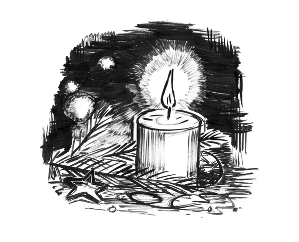 Black Ink Hand Drawing of Burning Candle and Christmas Decorations — Stock Photo, Image
