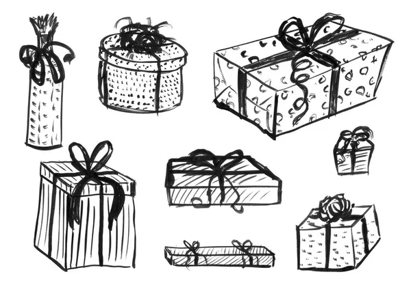 Grunge encre noire dessin à la main de l'ensemble des boîtes-cadeaux de Noël enveloppées — Photo