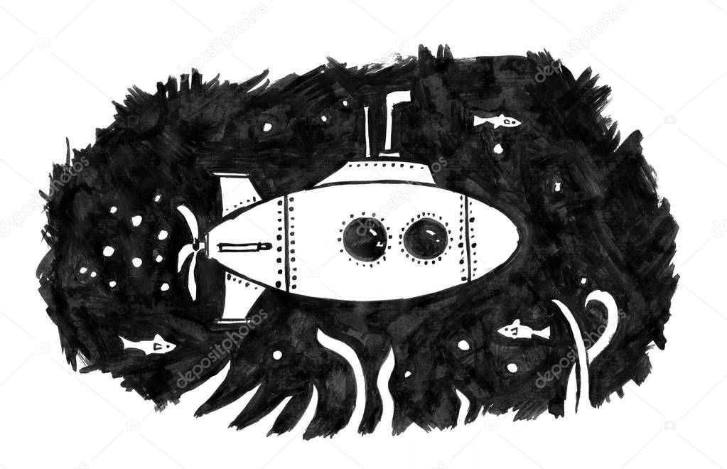 Black Ink Grunge Hand Drawing of Retro Submarine in Ocean