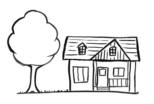 Inchiostro nero Grunge mano disegno di romantica casa unifamiliare e albero — Foto Stock