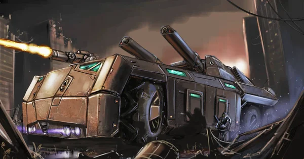 Konzeptkunst Gemälde von post-apokalyptischen gepanzerten Fahrzeugen oder Panzerkämpfen in Ruinen der Stadt — Stockfoto